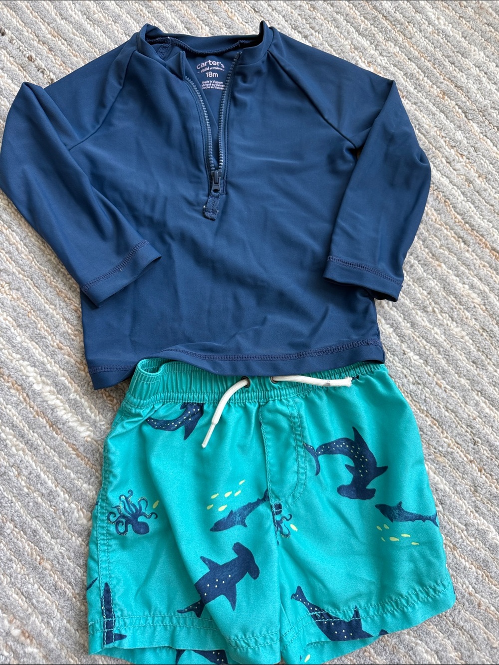 Carter's Navy Rash Guard with Teal Shark Swim Shorts Set